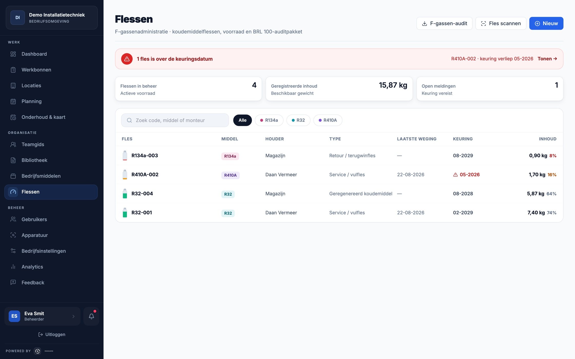 Het flessenoverzicht: vier koudemiddelflessen met middel, houder, type, laatste weging, keuringsdatum en inhoud, en een signalering voor een fles over de keuringsdatum