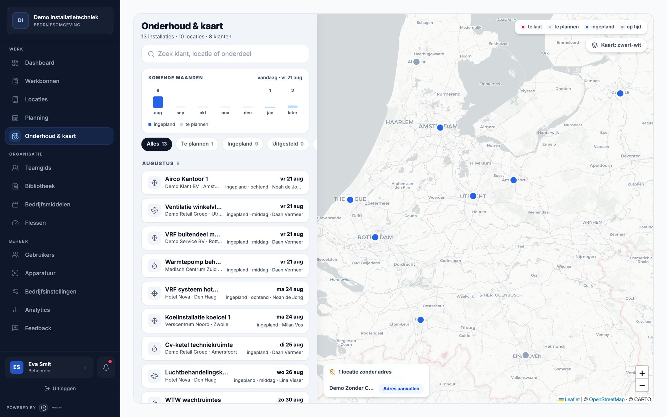 Onderhoud en kaart: de installaties per locatie met hun onderhoudsstatus