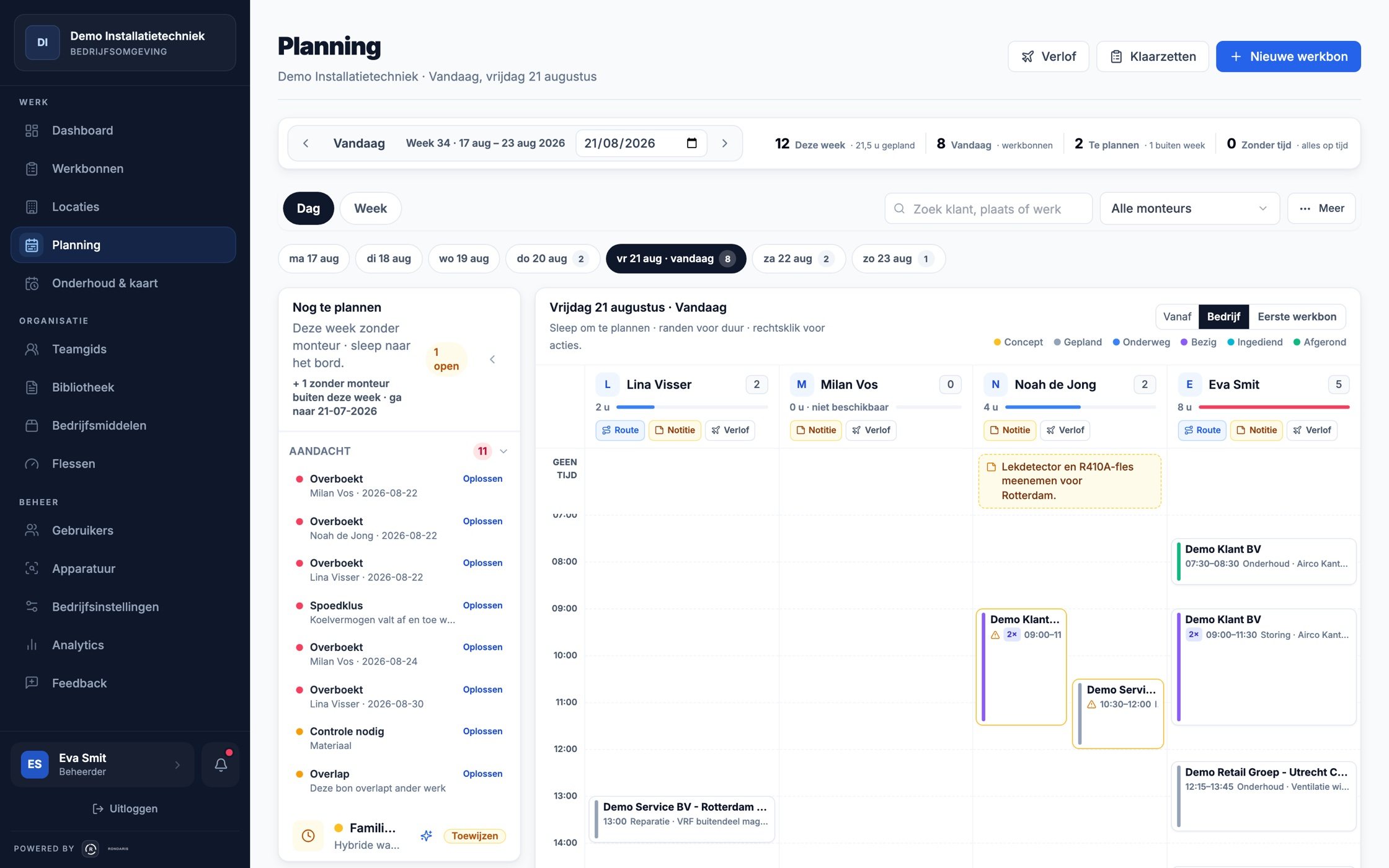 Het planbord met de dagplanning per monteur