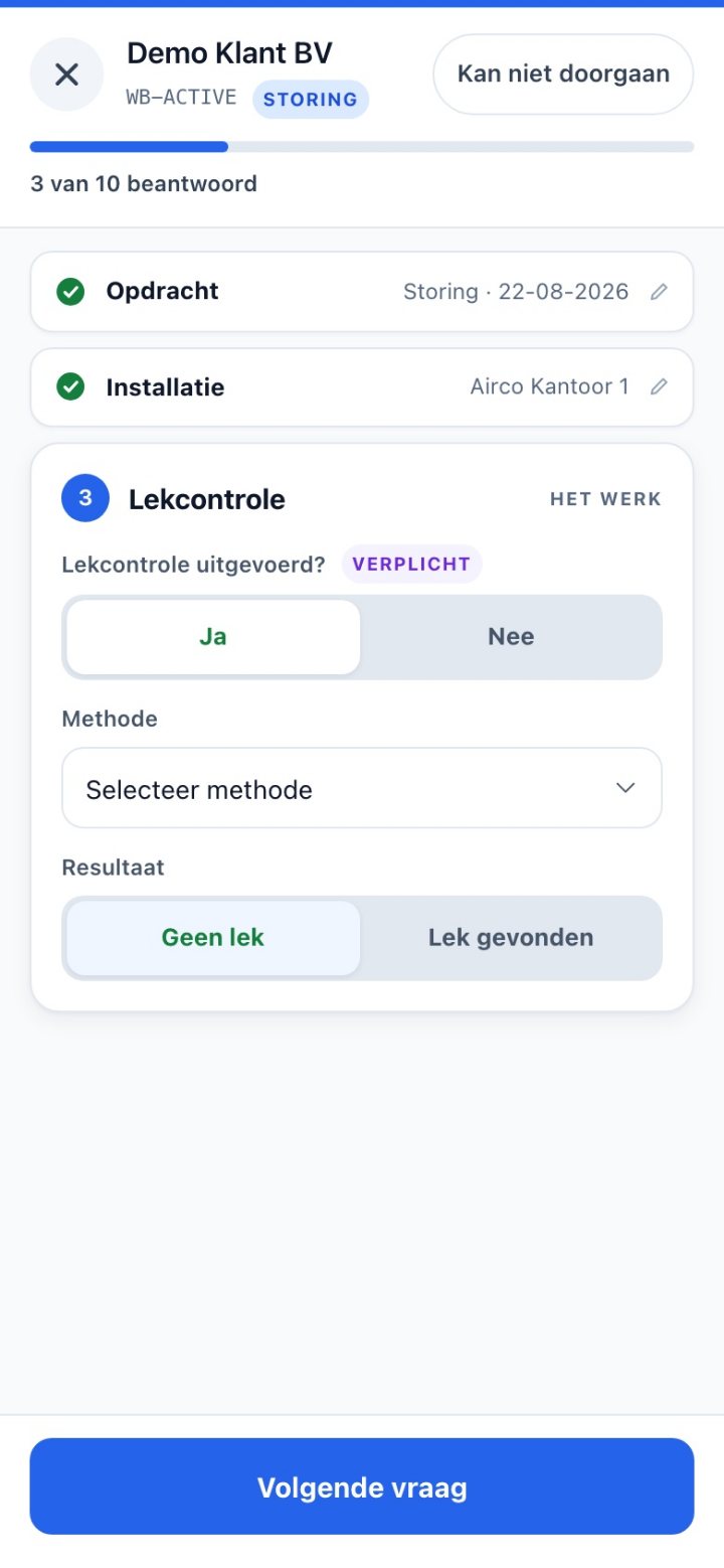 De lekcontrolestap in de mobiele werkbon: lekcontrole uitgevoerd, methode en resultaat, als stap 3 van 10