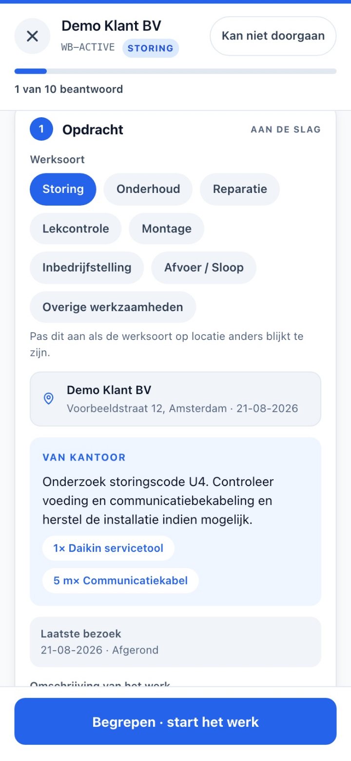 De mobiele werkbon met de opdracht van kantoor en de startknop